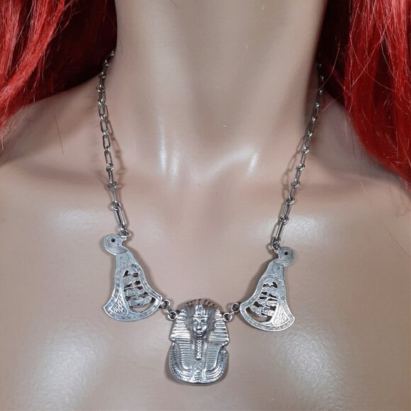 Vintage Egyptian Revival 800 Silver Statement Necklace Pharoah King Tut Art Deco - Picture 1 of 13